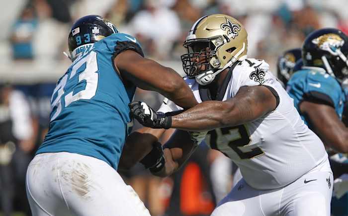 New Orleans Saints tackle Terron Armstead (72) blocks against Jaguars defensive end Calais Campbell (93). Mandatory Credit: Reinhold Matay-USA TODAY Sports